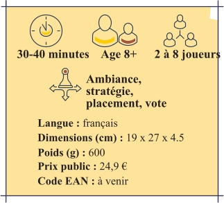 Langue : français Dimensions (cm) : 19 x 27 x 4.5 Poids (g) : 600  Prix public : 24,9 € Code EAN : à venir 30-40 minutes 2 à 8 joueurs Age 8+  Ambiance, stratégie, placement, vote